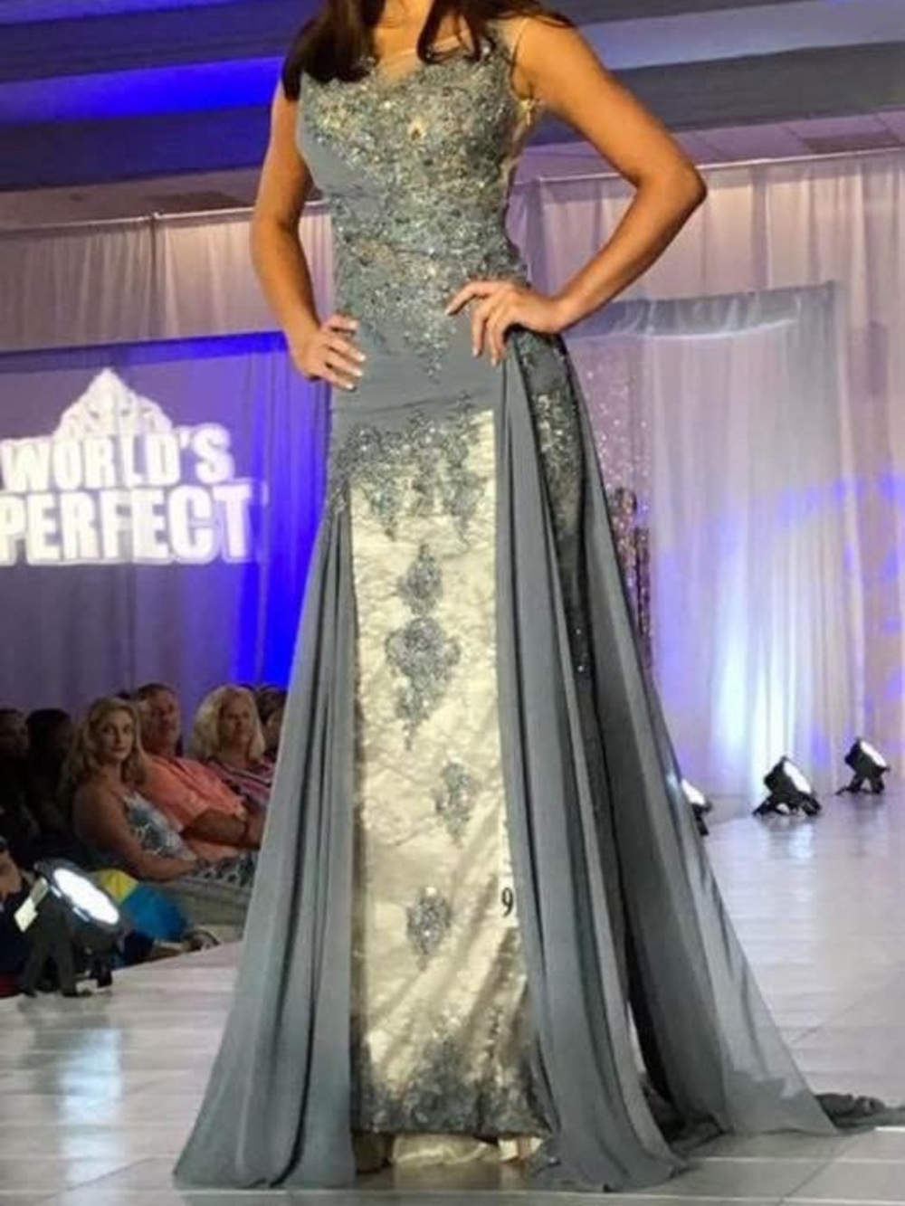 Elegant Gray Lace Appliqué Evening Gown